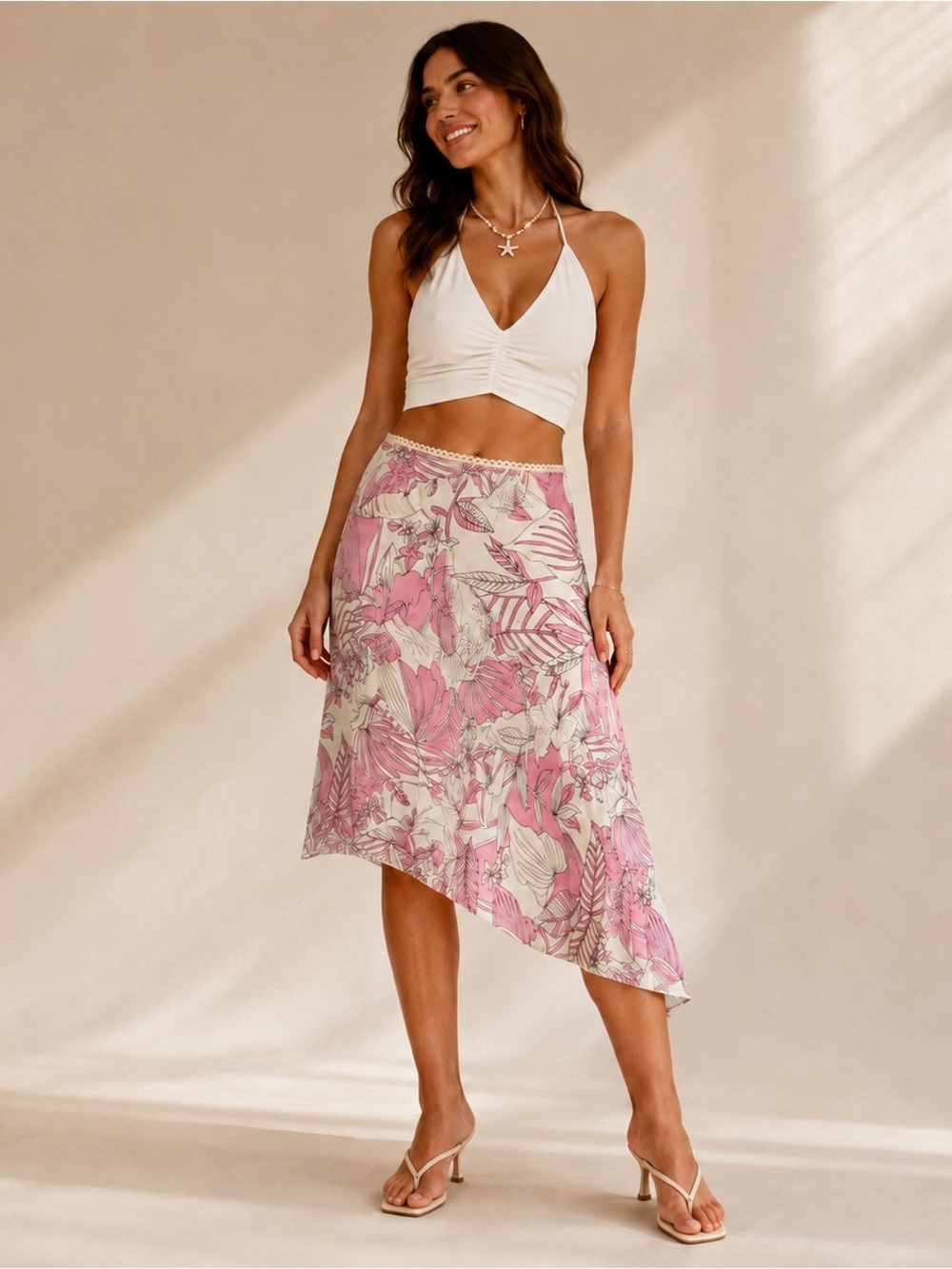 Vintage Y2K Suzy Shier Pink Floral Asymmetrical Midi Skirt M Made in Canada